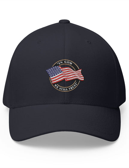In God We Still Trust Navy Cap with Embroidered American Flag Emblem Patriotic Hat - Patriot Trucker Caps 