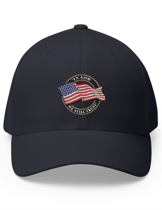 In God We Still Trust Navy Cap with Embroidered American Flag Emblem Patriotic Hat - Patriot Trucker Caps 