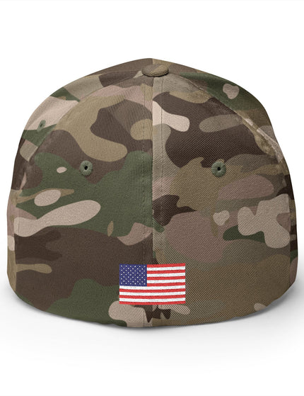 Camouflage cap with an American flag patch on a white background