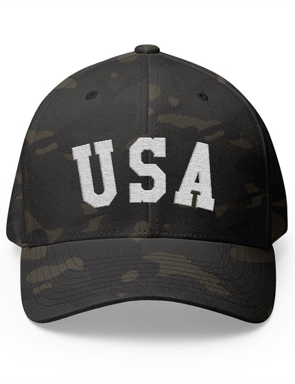USA Camo Cap with Bold White Embroidered USA Lettering – Patriotic Hat