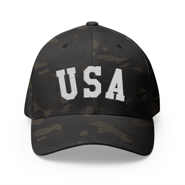 USA Camo Cap with Bold White Embroidered USA Lettering – Patriotic Hat