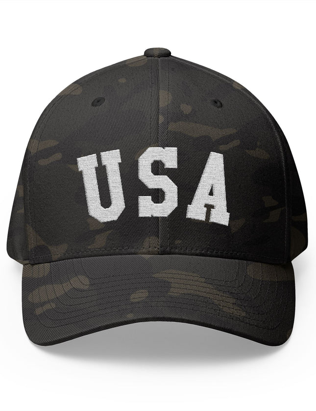 USA Camo Cap with Bold White Embroidered USA Lettering – Patriotic Hat