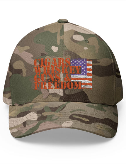 Cigars Whiskey Guns and Freedom Olive Camo Cap with Distressed American Flag – Patriot Trucker Caps