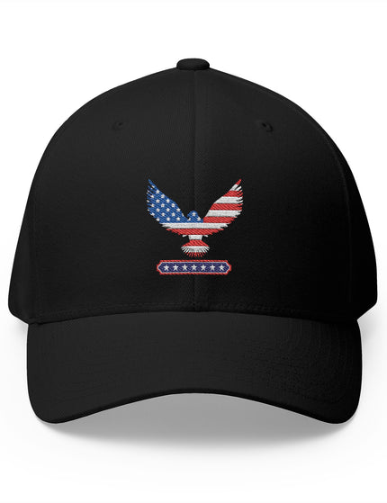 Black cap with an embroidered eagle design featuring the American flag on a white background