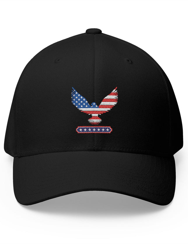Black cap with an embroidered eagle design featuring the American flag on a white background