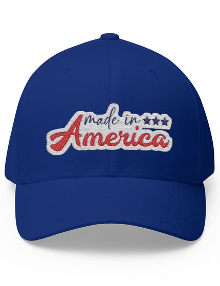 Blue cap with 'made in America' text on a white background