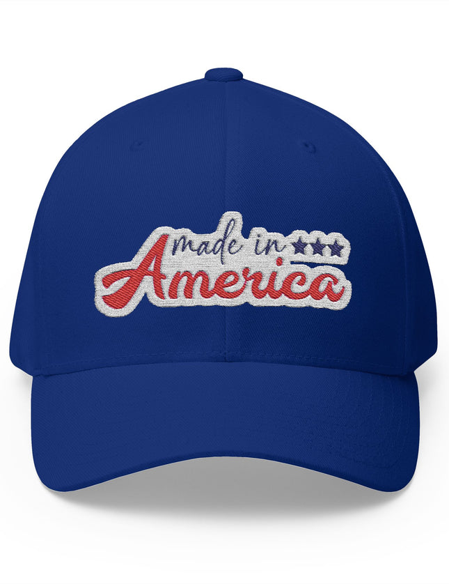 Blue cap with 'made in America' text on a white background