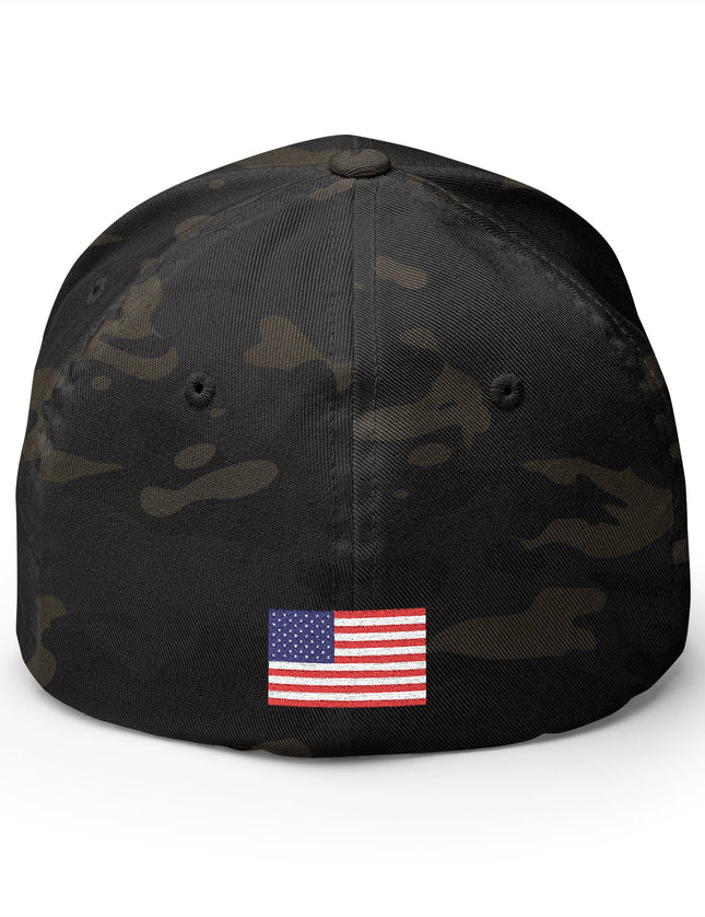 Black camouflage cap with an American flag patch on a white background