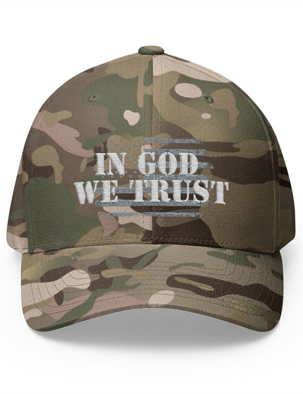 In God We Trust Camo Cap with Distressed American Flag Embroidery – Patriotic Trucker Caps