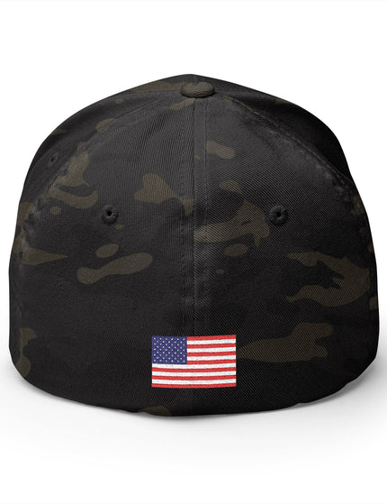 Black camouflage cap with an American flag patch on a white background.  