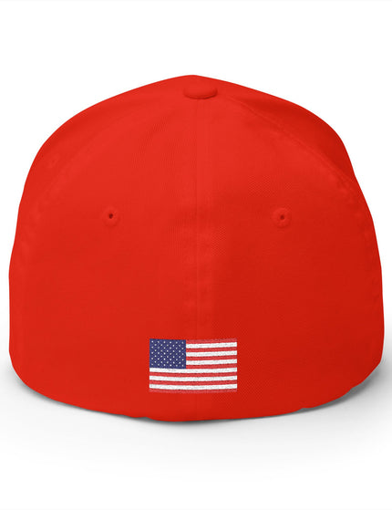 Red cap with an American flag patch on a white background