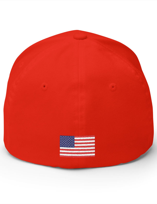 Red cap with an American flag patch on a white background