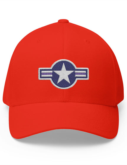 Red cap with a blue and white emblem featuring a star on a white background