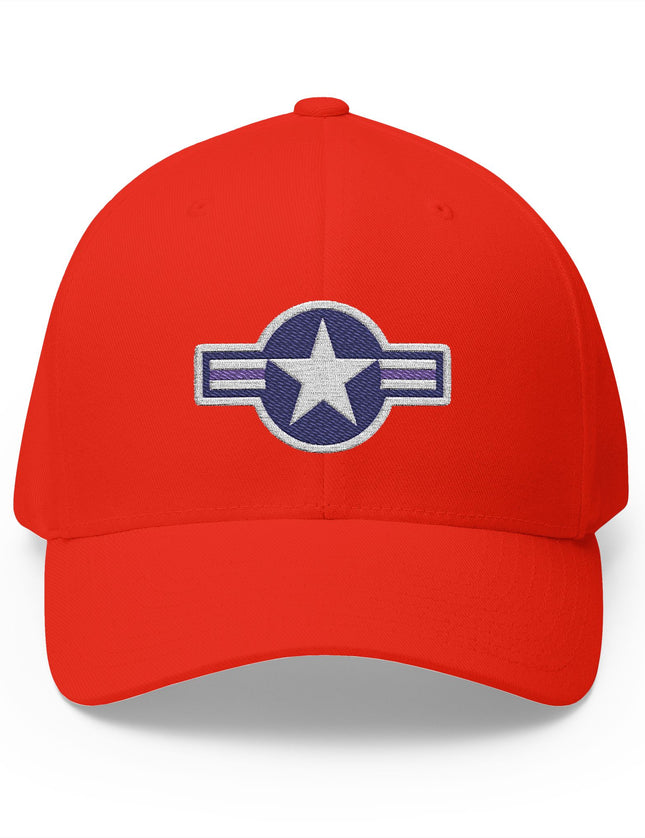 Red cap with a blue and white emblem featuring a star on a white background