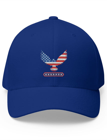 Blue cap with an eagle and American flag design on a white background