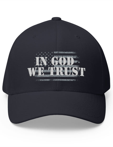 Navy cap with 'IN GOD WE TRUST' text on a white background