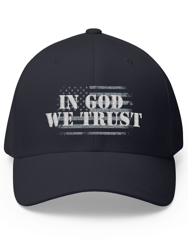 Navy cap with 'IN GOD WE TRUST' text on a white background
