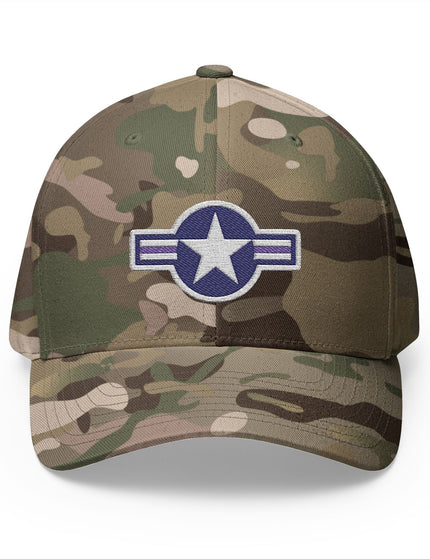 Camouflage baseball cap with USA Air Force Roundel star emblem on a white background