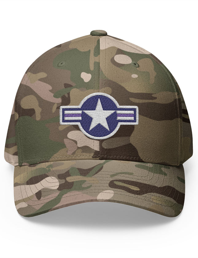 Camouflage baseball cap with USA Air Force Roundel star emblem on a white background
