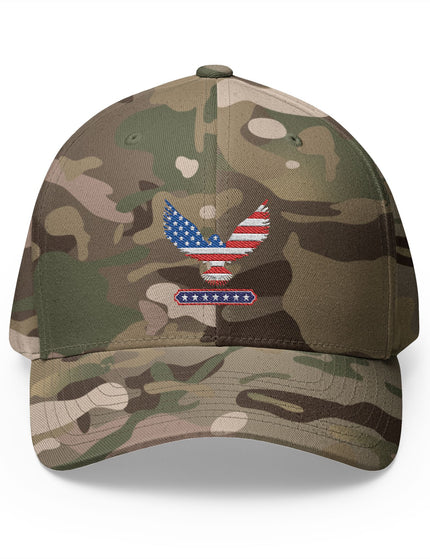 Camouflage baseball cap with an embroidered eagle design on a white background