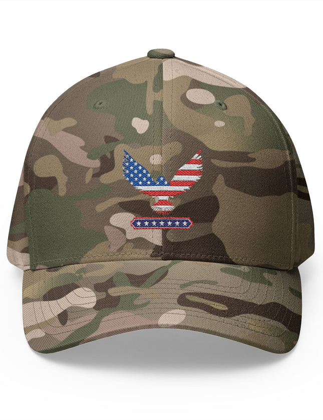 Camouflage baseball cap with an embroidered eagle design on a white background