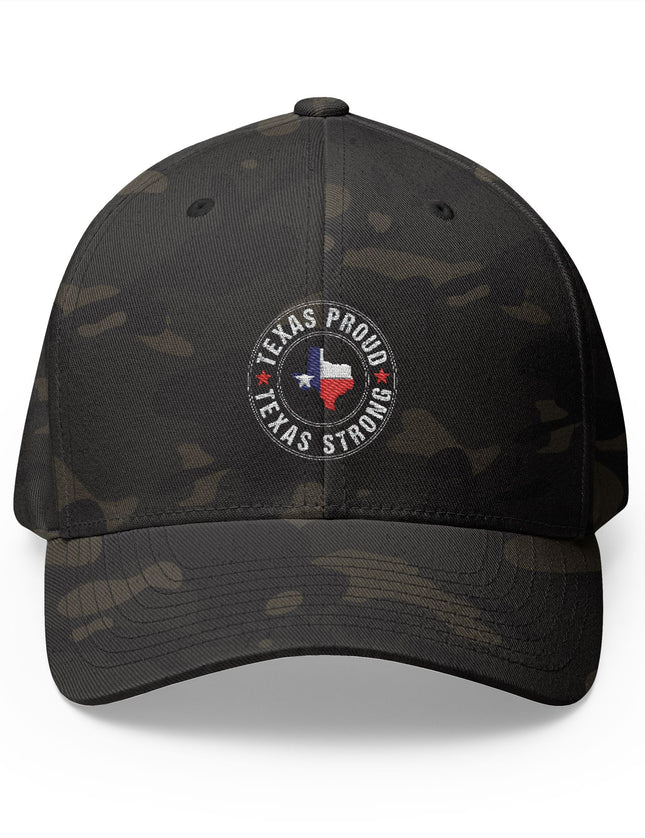 Texas Proud Texas Strong Camo Cap with Embroidered Texas Flag and State Outline Patriot Trucker Caps 
