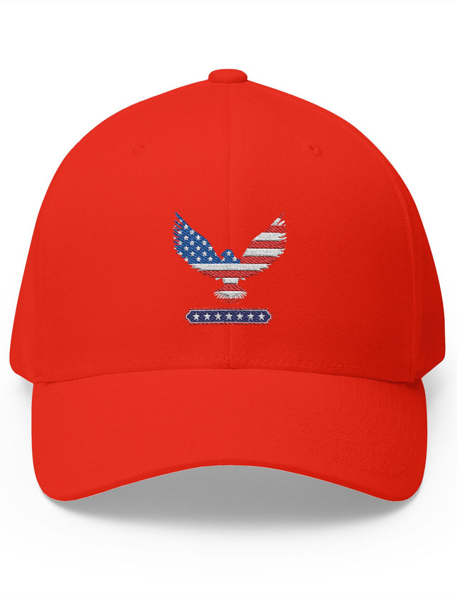 Red cap with an eagle emblem featuring the American flag on a white background