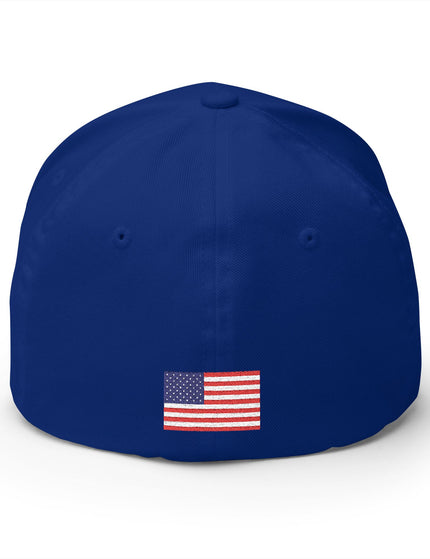 Blue cap with an American flag patch on a white background