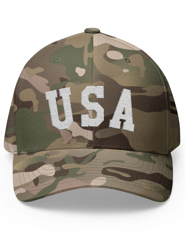 USA Olive Camo Cap with Bold White Embroidered USA Lettering – Patriotic Hat