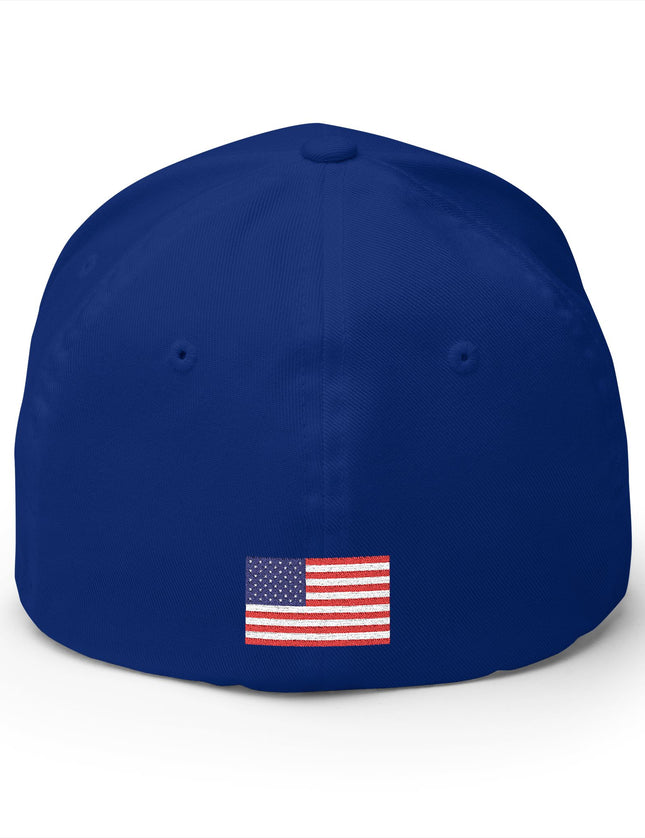 Blue cap with an American flag patch on a white background
