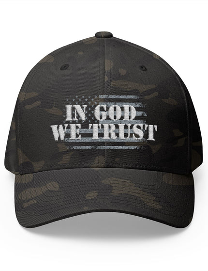 In God We Trust Camo Cap with Distressed American Flag Embroidery – Patriot Trucker Caps