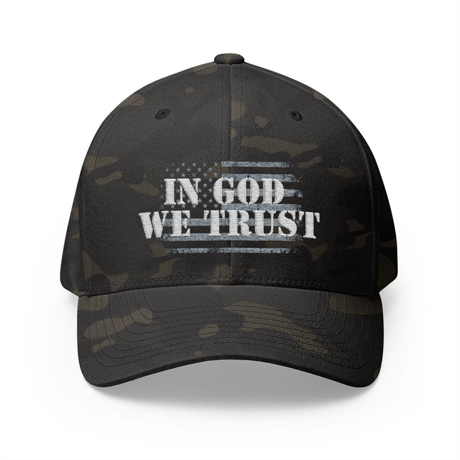 In God We Trust Camo Cap with Distressed American Flag Embroidery – Patriot Trucker Caps