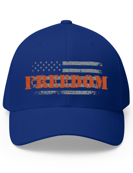 Blue cap with American flag and 'Freedom' text on a white background