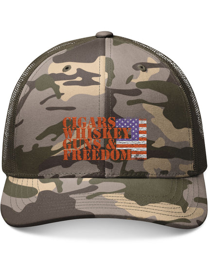 Cigars Wiskey Guns Freedom Camo Trucker Cap