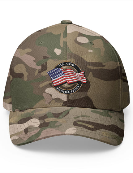 In God We Still Trust Olive Camo Cap with Embroidered American Flag Emblem Patriotic Hat - Patriot Trucker Caps 