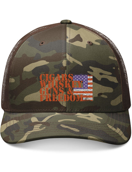 Cigars Wiskey Guns Freedom Camo Trucker Cap