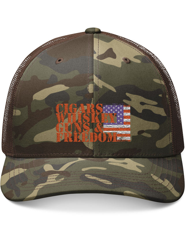 Cigars Wiskey Guns Freedom Camo Trucker Cap