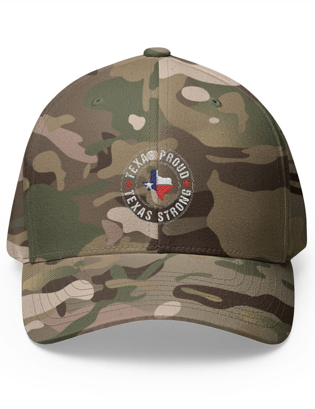 Texas Proud Texas Strong Olive Camo Cap with Embroidered Texas Flag and State Outline Patriot Trucker Caps 
