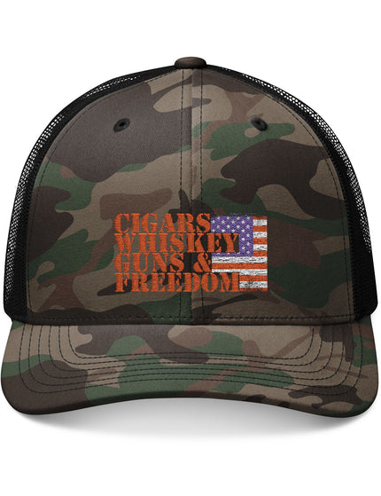 Cigars Wiskey Guns Freedom Camo Trucker Cap