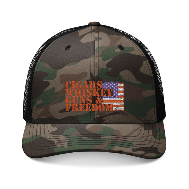 Cigars Wiskey Guns Freedom Camo Trucker Cap