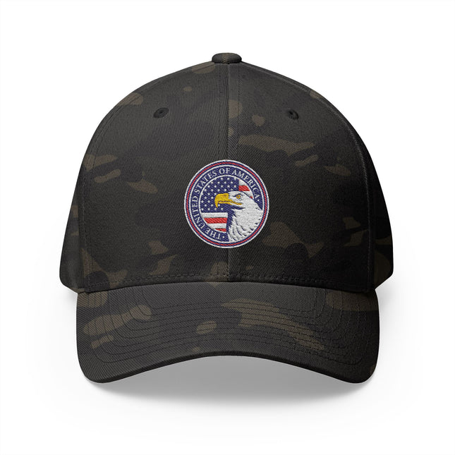 American Eagle Seal Camo Cap with Embroidered Bald Eagle and USA Seal – Patriotic Hat