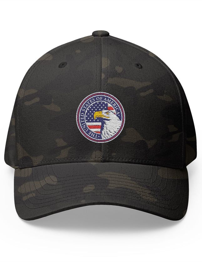 American Eagle Seal Camo Cap with Embroidered Bald Eagle and USA Seal – Patriotic Hat