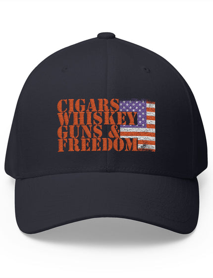 Cigars Whiskey Guns and Freedom Navy Cap with Distressed American Flag – Patriot Trucker Caps
