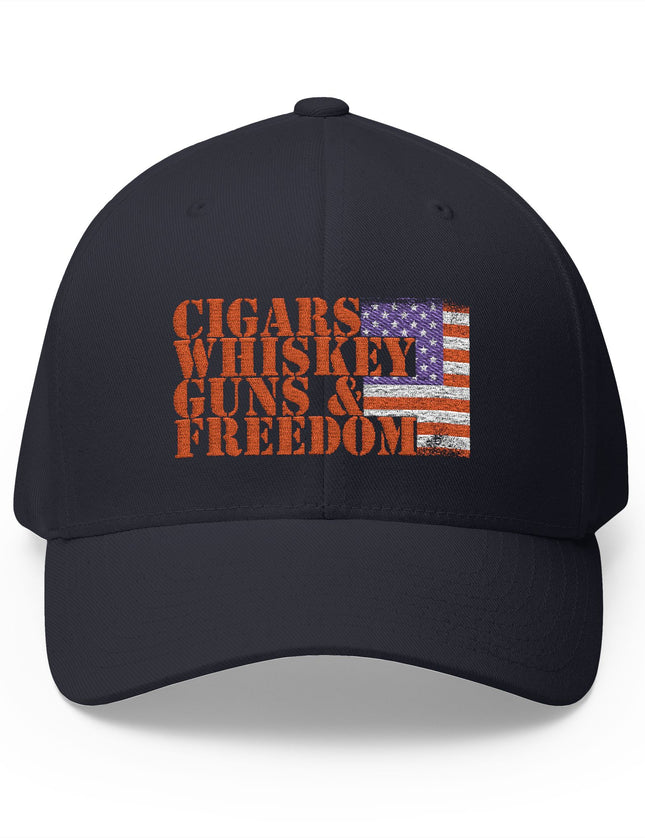 Cigars Whiskey Guns and Freedom Navy Cap with Distressed American Flag – Patriot Trucker Caps