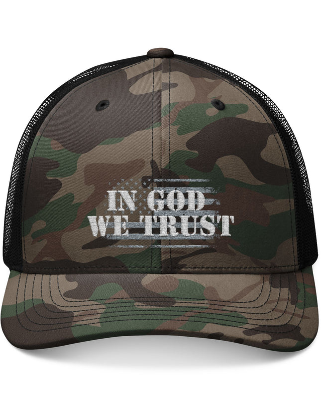 In God We Trust USA Flag Camo Trucker Cap