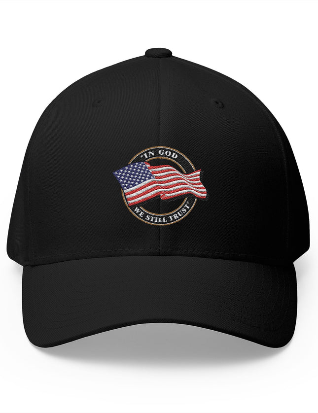 In God We Still Trust Black Cap with Embroidered American Flag Emblem Patriotic Hat - Patriot Trucker Caps 
