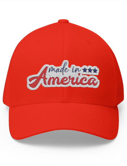 Red cap with 'made in America' text on a white background