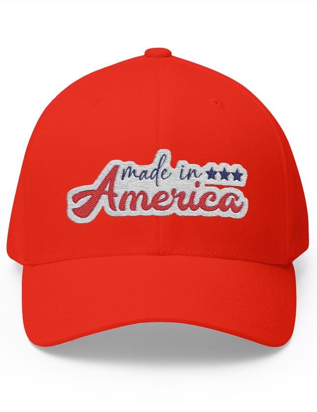 Red cap with 'made in America' text on a white background