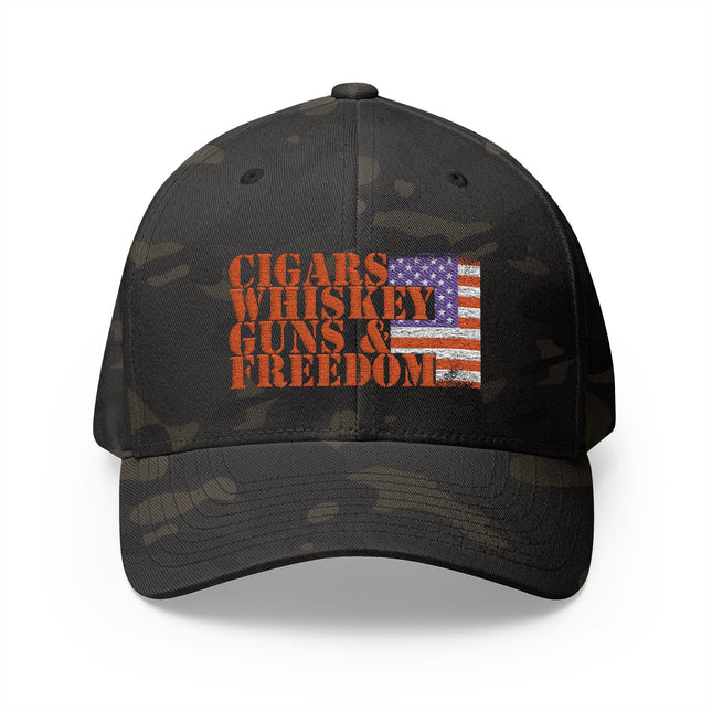 Cigars Whiskey Guns and Freedom Camo Cap with Distressed American Flag – Patriot Trucker Caps