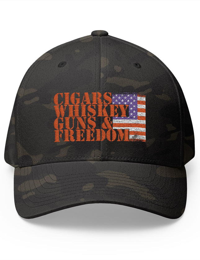 Cigars Whiskey Guns and Freedom Camo Cap with Distressed American Flag – Patriot Trucker Caps